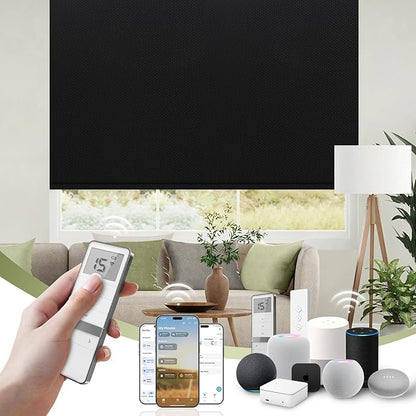 FineTell Motorized Blinds with Remote, 100% Blackout Roller Shades Compatible with Alexa,Apple Homekit,Google Home APP and Voice Control, Customized Electric Blinds (100% Blackout Pure Black)