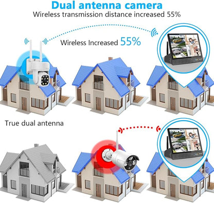 5MP PT Wireless Security Camera System 10CH 10.2" NVR Monitor 2 Cams 500GB