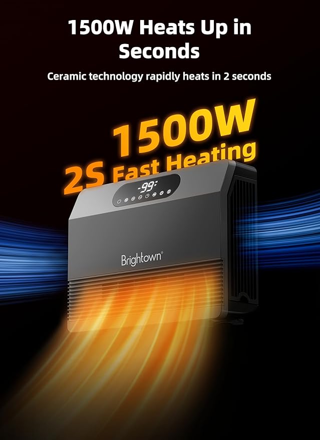Brightown Wall Heater for Indoor Use, Space Heater with ALCI Plug 1500W, 5 Modes, Adjustable Thermostat, Easy Install Heater for Bedroom Bathroom with Remote Control, 12H Timer, Work with Alexa, Grey