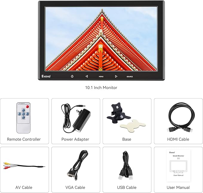 Eyoyo 10 Inch Mini Monitor - 1024x600 Small Computer Screen with HDMI Mini-VGA AV USB Input for Security, LCD PC, Home, Office, POS Systems, Car