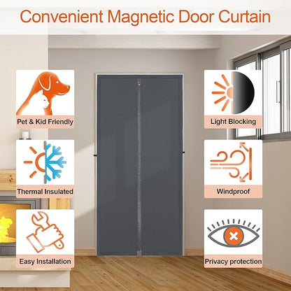 Magnetic Thermal Insulated Door Curtain,Thicker Layered Fabric&Full Strip Magnets,Temporary Doorway Cover Curtains, Self-Closing Privacy Magnetic Screen Door,Door Window Insulation kit for Winter