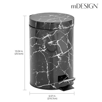 mDesign Extra Small Modern 3-Liter/.7 Gallon Round Metal Lidded Step Trash Can, Compact Garbage Bin with Removable Liner Bucket and Handle for Bathroom, Kitchen, Office, Garage - Black Marble Print