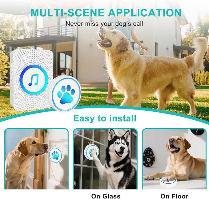 Dog Door Bell for Potty Training, Smart Wireless Doggie Doorbell to Go Outside, 1000 Feet Long Range with IP65 Waterproof Super-Light Touch Button, 60 Melodies & Adjustable Volume (White)