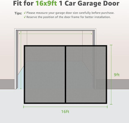 Garage Door Screen for 1 Car, 2 Car Garage, Magnetic Closure Heavy Duty Weighted Bottom Fiberglass Mesh Keep Annoying Animal Out (Black, 16 ft x 9 ft)