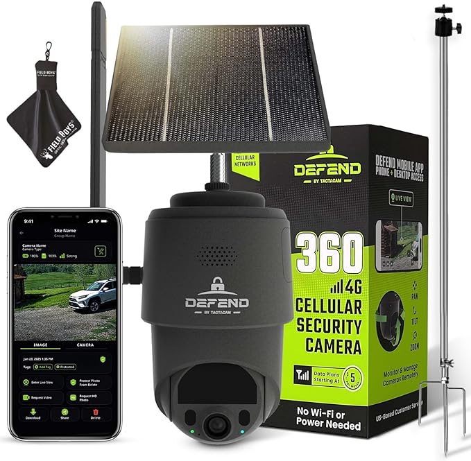 TACTACAM – Defend 360 Cellular Security Camera, 4K Photos, 1080p Video, Solar + Rechargeable Battery, 360° Pan/Tilt/Zoom, LTE Cellular, Motion Alerts, Weather Resistant Includes Mounting Post & Cloth