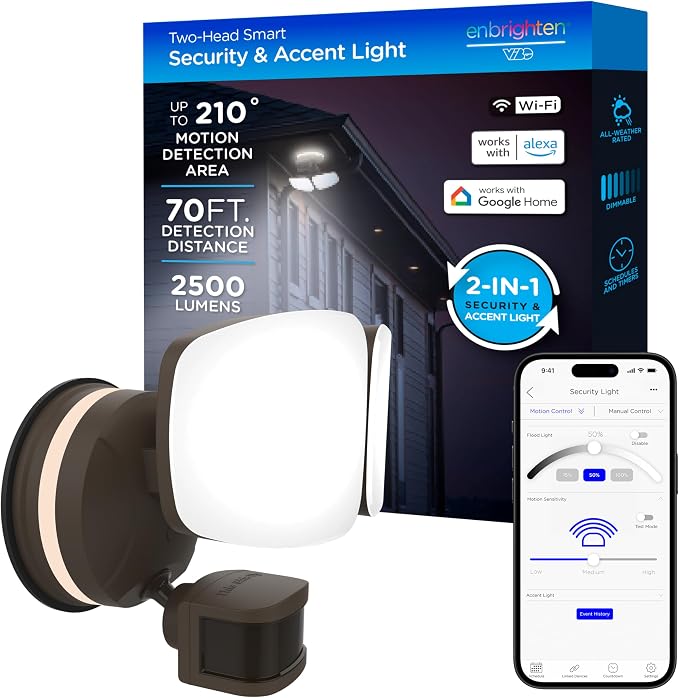 Enbrighten Vibe Smart LED Security Light, Dual Head, Motion Activated | ETL Listed, UV Resistant, 2500 Lumens, 4000K, Works with Alexa, Google Home, Bronze, 85900