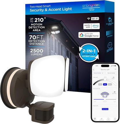 Enbrighten Vibe Smart LED Security Light, Dual Head, Motion Activated | ETL Listed, UV Resistant, 2500 Lumens, 4000K, Works with Alexa, Google Home, Bronze, 85900