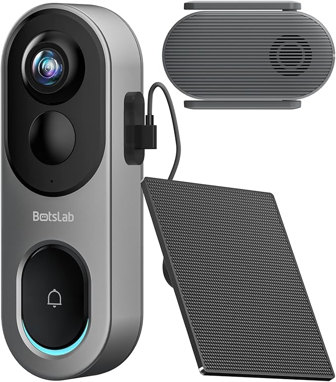 BOTSLAB 5MP Doorbell Camera Wireless with Solar Panel, Nonstop Power Video Doorbell with Head-to-Toe View, No Subscription, AI Motion Detection, VR Mode, 6400mAh Battery, 2.4Ghz WiFi