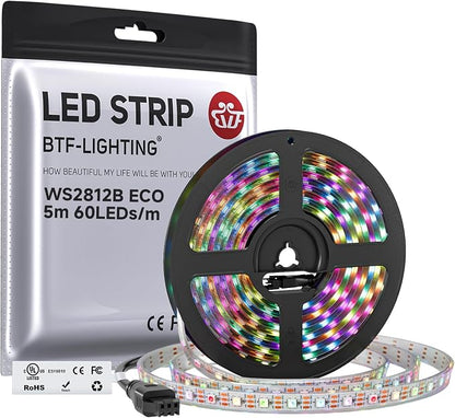BTF-LIGHTING WS2812B ECO RGB LED Strip,UL Listed,Individually Addressable,16.4FT 60LED/m 300Pixel DC5V 5050SMD,Alloy Wire Flexible for DIY Chasing Color Project IP67(No Adapter or Controller)