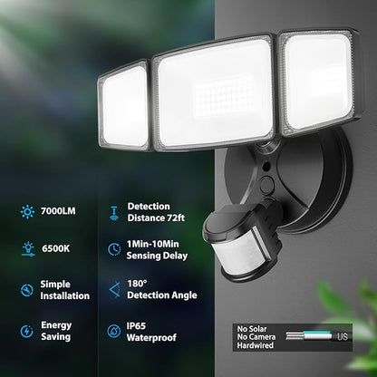 Onforu 3 Pack 75W Motion Sensor Outdoor Lights, 7000lm Dusk to Dawn Flood Light, LED Security Light with 3 Head, IP65 Waterproof Exterior Floodlight, 6500k Wall Light for Entryway Stairs Yard Garage
