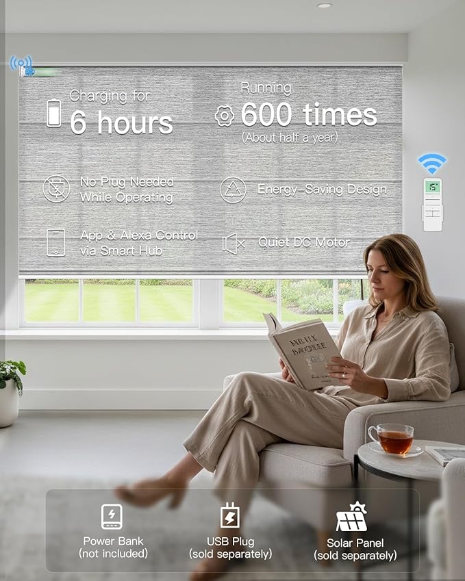 Motorized Roman Shades for Windows, Custom Light Filtering Roman Blinds with Remote, Smart Privacy Window Shades for Living Room Kitchen Office, Alexa & Google Home Compatible, App Control via RF Hub