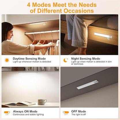 Gritin 10.2inch Under Cabinet Lighting Rechargeable 2 Pack- 3 Color Temps&5 Level Brightness, Super Bright, 4 Modes, Motion Sensor, Long Lasting - Easy Installation Magnetic Under Closet Lights