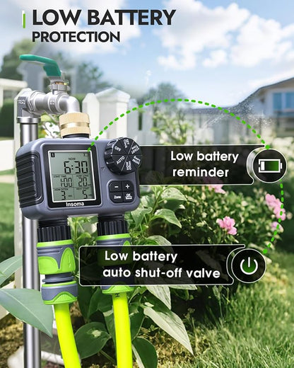 Insoma 2-Zone Sprinkler Timer with Brass Inlet, Water Hose Timer with Auto/Manual Modes + Rain Delay, Big LCD Display, for Garden, Yard Lawn, IPX5 Waterproof & Save Water