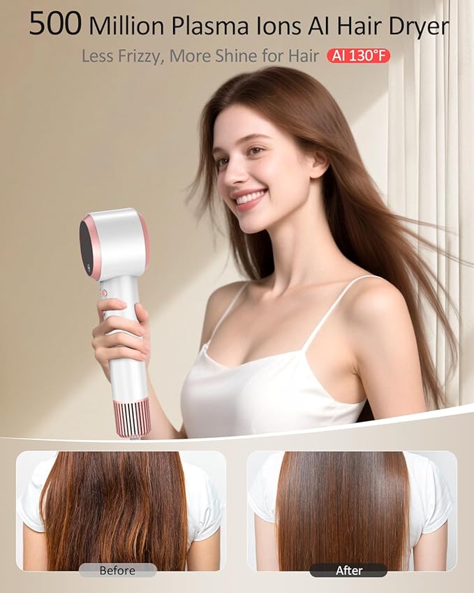 Hair Dryer, AI Smart 160000 RPM High-Speed Brushless Motor Plasma Ion AI Blow Dryer with Diffuser for Fast Drying, Professonal 4Temp/3Speed Thermo-Control Lightweight AI Hairdryer for Women Men Travel
