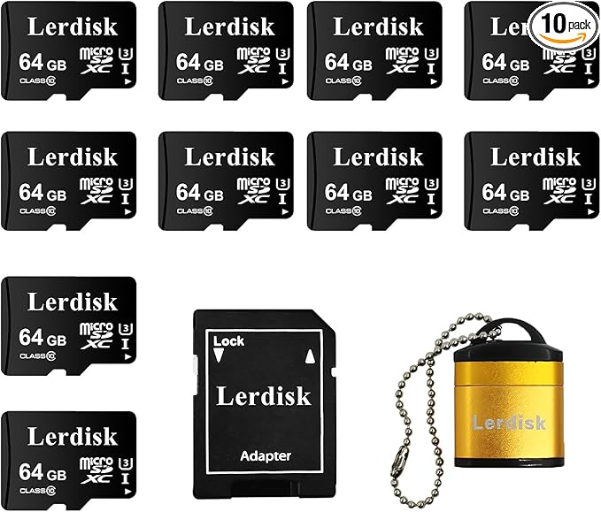 Factory Wholesale 64GB Micro SD Card 10-Pack, U3 A1 V30 Class 10, 80+MB/s Read for 4K Camera, Game Console, Drone,CCTV -with SD Adapter(10x64GB)