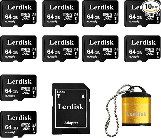 Factory Wholesale 64GB Micro SD Card 10-Pack, U3 A1 V30 Class 10, 80+MB/s Read for 4K Camera, Game Console, Drone,CCTV -with SD Adapter(10x64GB)