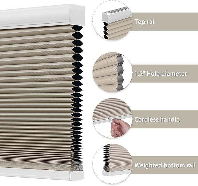 Changshade Custom Blinds Cellular Shades Blackout Cordless for Indoor Windows, Honeycomb Blind Room Darkening Black Out Shade for Bedroom, Bathroom, Nursey, Heat Light Blocking Easy Install, Beige