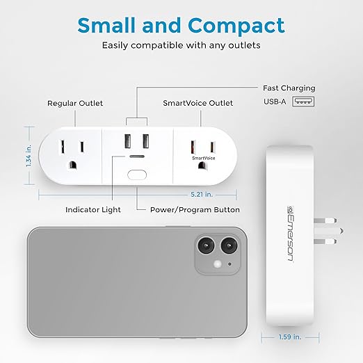 Emerson SmartVoice 4-in-1 Dual Wall Plug, Offline 30+ Voice Control Commands, No APP, No WiFi, No Setup, Smart Outlet w/ 2 AC Outlets, 2 USB-A Ports, Sleep & Wake Timer, ETL Listed