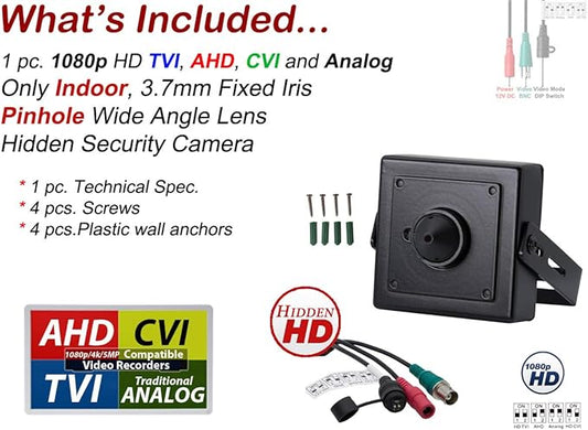 Evertech 1080p HD 4in1 AHD TVI CVI, Analog Indoor Mini Hidden Camera with Wide Angle Pinhole Lens