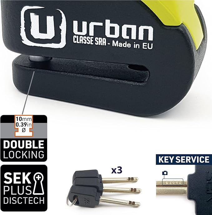 URBAN UR10 Approved Motorcycle Disc Lock with Smart Alarm | 120dB, LED, Warning, A+ Sensitivity, X2 ON | SRA & Sold Secure Gold Tested Anti-Theft for Motorbike | 10mm Double Locking, Hardened Steel
