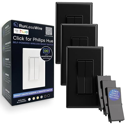 RunLessWire Click for Hue Battery-Free Wireless Smart Switch 3 Pack Black | Dimmable Kinetic Switch Pairs Natively to Philips Hue Bridge, 4 Programmable Buttons to Control Scenes & Areas, 100ft Range