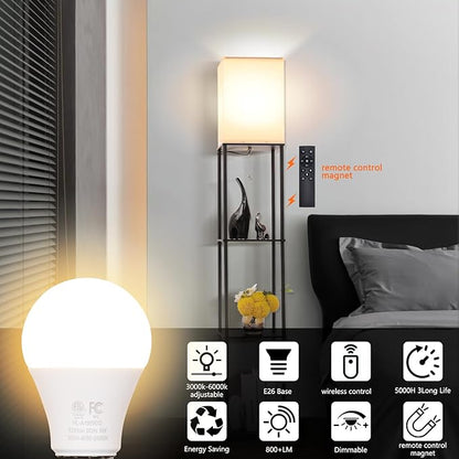 Gupuzm A19 LED Remote Control Bulbs, 800LM 9W, Equivalent to 60W Bulbs, Dimmable Bulb with Remote Control 3000K-6000K, E26 Base, CRI 80+,2.4GHz, Lifespan Over 25,000 Hours (9W-1 Remote-1 Bulb)