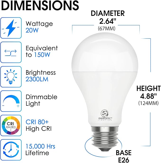 Energetic Dimmable LED Bulb, 150 Watt Equivalent, Super Bright A21 Light Bulb, Daylight 5000K, 2300LM, Brightest LED Bulbs, E26 Standard Base, Damp Rated, ETL Listed, 4-Pack