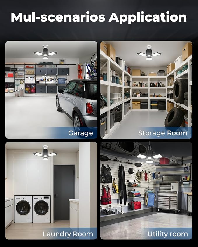 toberich LED Garage Light Bulb, 8000LM Shop Lights with 3+1 Deformable Panels, 6500K Screw in Ceiling Lights for Garage, Workshop, Workbench, Basement