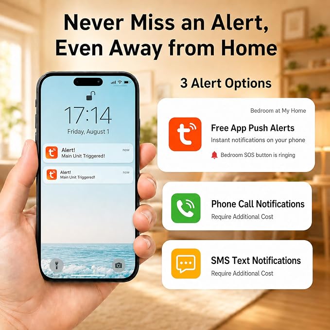SanJie Wi-Fi Wireless Caregiver Pager Call Button for Elderly at Home - Alert Systems with App Remote Alerts & Device Sharing Suitable for Seniors & Patients and People with Disabilities