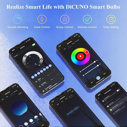 DiCUNO Smart Light Bulbs, Full Color Changing Bulb, Compatible with Alexa, Google Assistant, No Hub Required, RGBCW Multicolor Dimmable Smart LED WiFi Bluetooth A19 E26 9W 800LM Lights, 6-Pack