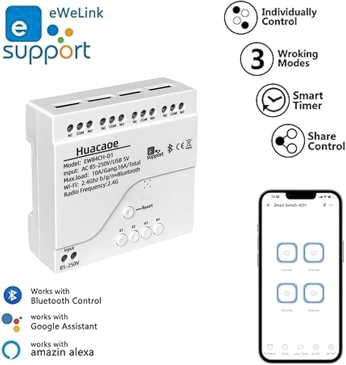 EWeLink 4CH 85-250V Smart WiFi Switch Controller, APP Remote Control,Bluetooth RF Remote Control, Point/Self-Locking/Interlocking, Compatible with Alexa