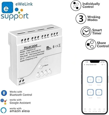 EWeLink 4CH 85-250V Smart WiFi Switch Controller, APP Remote Control,Bluetooth RF Remote Control, Point/Self-Locking/Interlocking, Compatible with Alexa