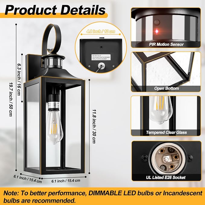 20" Motion Sensor Outdoor Wall Lights, Dawn to Dusk Outdoor Light Fixture