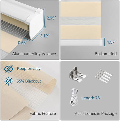 Interior Window Shades, Smart Dual Layer Light Filtering Blinds Compatible with Alexa & Google Home, Customized Size Cordless Electric Window Shades, (Apricot, 55% Blackout)
