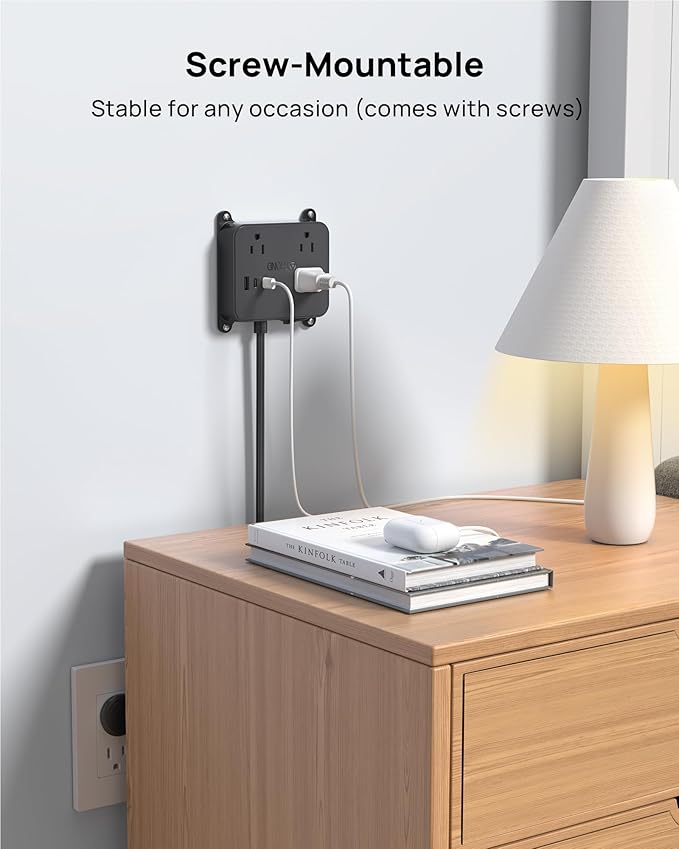 TROND Flat Plug Power Strip, 3FT Short Extension Cord with 3 AC Outlets, Wall Mount Charging Station with 2 USB-C & 1 USB-A, in Cabinet Power Outlet, Attach Behind TV or Under Desk Vanity Counter