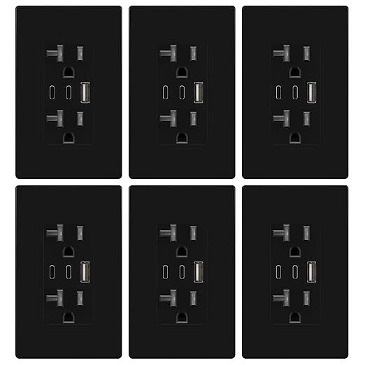 TOPGREENER 4.2A 21W 3-Port Type C USB Outlet, 20 Amp Receptacle Plug, Charging Power Outlet with Dual Type C&A Ports, Screwless Wall Plate Included, UL Listed, TU22042AC2-BKSID, Black, 6Pack