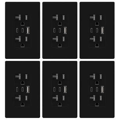 TOPGREENER 4.2A 21W 3-Port Type C USB Outlet, 20 Amp Receptacle Plug, Charging Power Outlet with Dual Type C&A Ports, Screwless Wall Plate Included, UL Listed, TU22042AC2-BKSID, Black, 6Pack