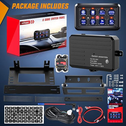 Nilight 8 Gang Switch Panel System Circuit Control Relay System Fuse Wiring Harness Automatic Dimmable ON Off LED Switch Pod for 12V Cars Trucks Campers SUV, 2 Years Warranty,Blue