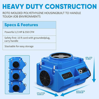 Air Scrubber with 3-Stage Filtration, 550CFM HEPA Air Machine Stackable Negative, Air Cleaner with MERV10, Carbon, H13 HEPA, for Home, Industrial and Commercial Use, Blue-3PCS
