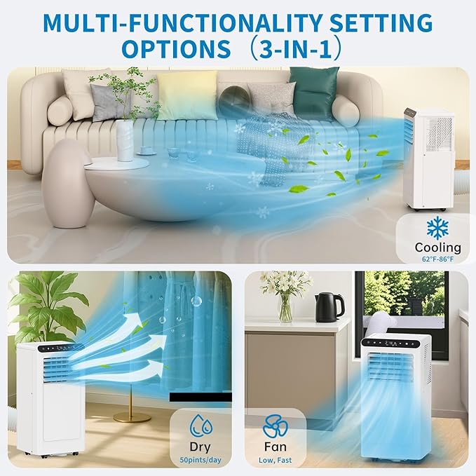 GarveeLife Portable Air Conditioners, 8,000 BTU for Rooms up to 350 Sq.Ft., Smart Compact AC Unit with Cooling, Dehumidifier, Fan, Remote Control and Window Kit, White