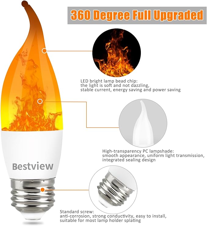 Bestview LED Flame Effect Light Bulbs,3 Modes Smart E26 Chandelier Base Flickering Candle Fire Light Bulb for Halloween, Christmas, Party, Porch, Indoor&Outdoor Home Decoration (6 Pack)