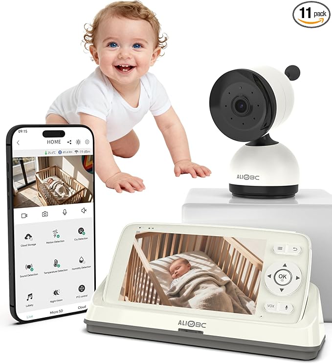 ALIOBC Smart Baby Monitor with Camera and Audio WiFi & No-WiFi Modes AI Cry Detection Night Vision 1080p FHD Camera and 5" Large Screen Two-Way Talk 1000ft Range Smart Alert Easy Setup for New Parents