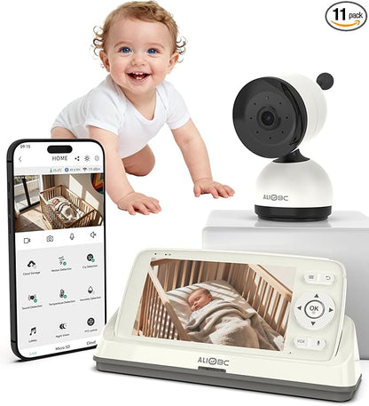 ALIOBC Smart Baby Monitor with Camera and Audio WiFi & No-WiFi Modes AI Cry Detection Night Vision 1080p FHD Camera and 5" Large Screen Two-Way Talk 1000ft Range Smart Alert Easy Setup for New Parents