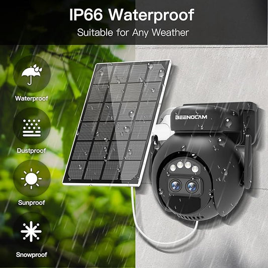 BEENOCAM Solar Security Cameras Wireless Outdoor, 360° PTZ Camera with Spotlight Siren/Motion Detection/Human Tracking/Color Night Vision/2.4GHz Wi-Fi/2-Way Audio/Waterproof