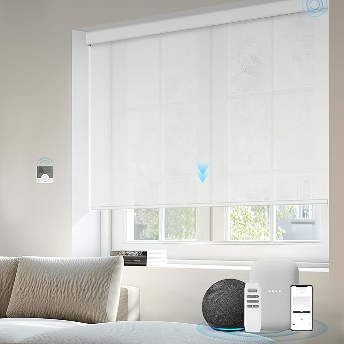 Motorized Light Filtering Shades Compatible with Alexa Google Smart Blinds Automatic Window Shade Remote Control 30% Blackout Foggy White