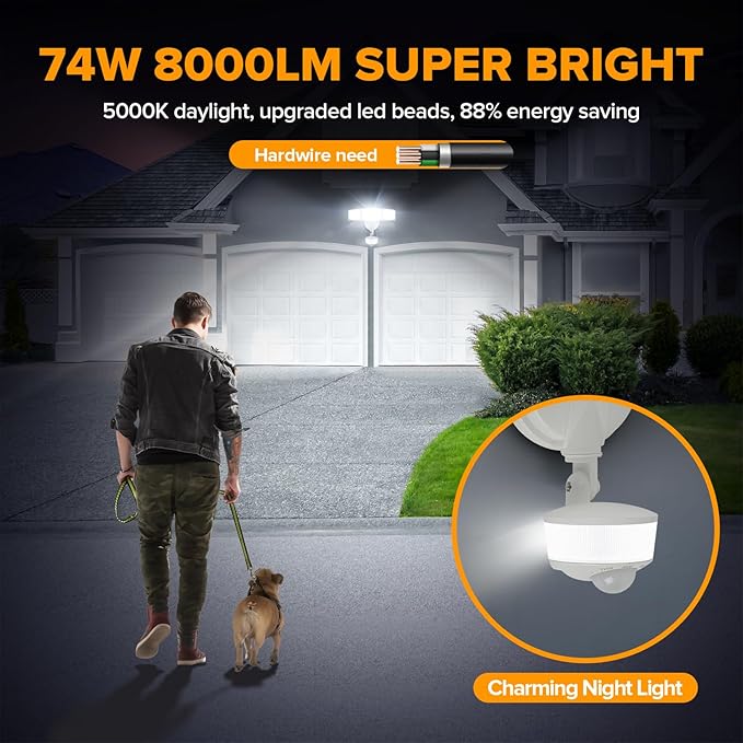 LUTEC 74W 8000 Lumen Motion Sensor Outdoor Lights, 5000K Daylight, IP65 Waterproof Flood Lights Outdoor with Night Light, Dusk to Dawn Motion Detector LED Security Light for Outside Garage, Yard-White
