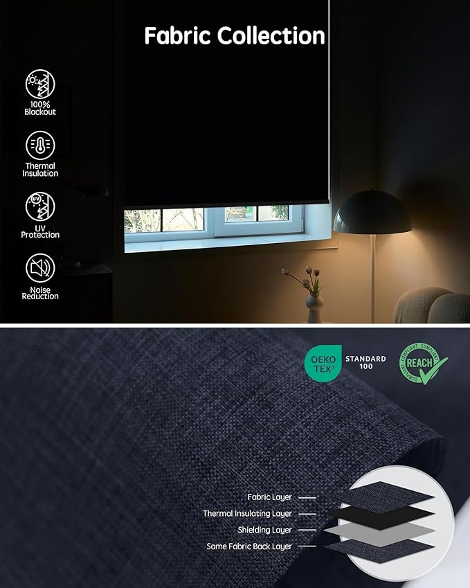 Yoolax Motorized Blinds with Remote, 100% Blackout Smart Roller Shades Work with Alexa, Google, Apple Homekit, Custom Automatic Shades with Voice Control for Bedroom Office (Fabric Navy Blue)