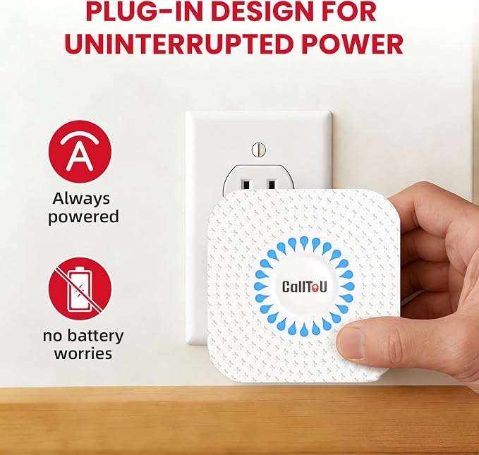 CallToU Wireless Caregiver Pager, 3 Buttons, 2 Portable + 1 Plug-in | Help for Seniors at Home; Dual Battery Vibration Alerts; Outlet Sound/Flash Chime; Bedside, Bathroom & Multi-Room Use
