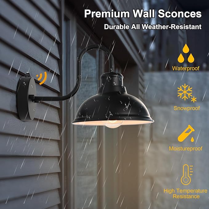 Dusk to Dawn Outdoor Wall Sconces, Exterior Farmhouse Gooseneck Barn Light, Vintage Matte Black Outside Wall Mount Light Fixture, Anti-Rust Waterproof Outdoor Light Hardwired for Porch Garage