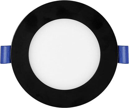 Maxxima 4 in. 5CCT Ultra Thin Recessed LED Downlight - Color Temperature Selectable 2700K/3000K/3500K/4000K/5000K, 700 Lumens, Dimmable Light Fixture with Black Trim, Canless with J-Box Included